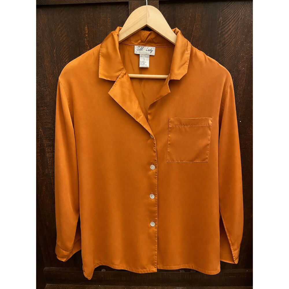 Vintage classic 100% Silk Copper Button Up Blouse Shirt Women’s Large